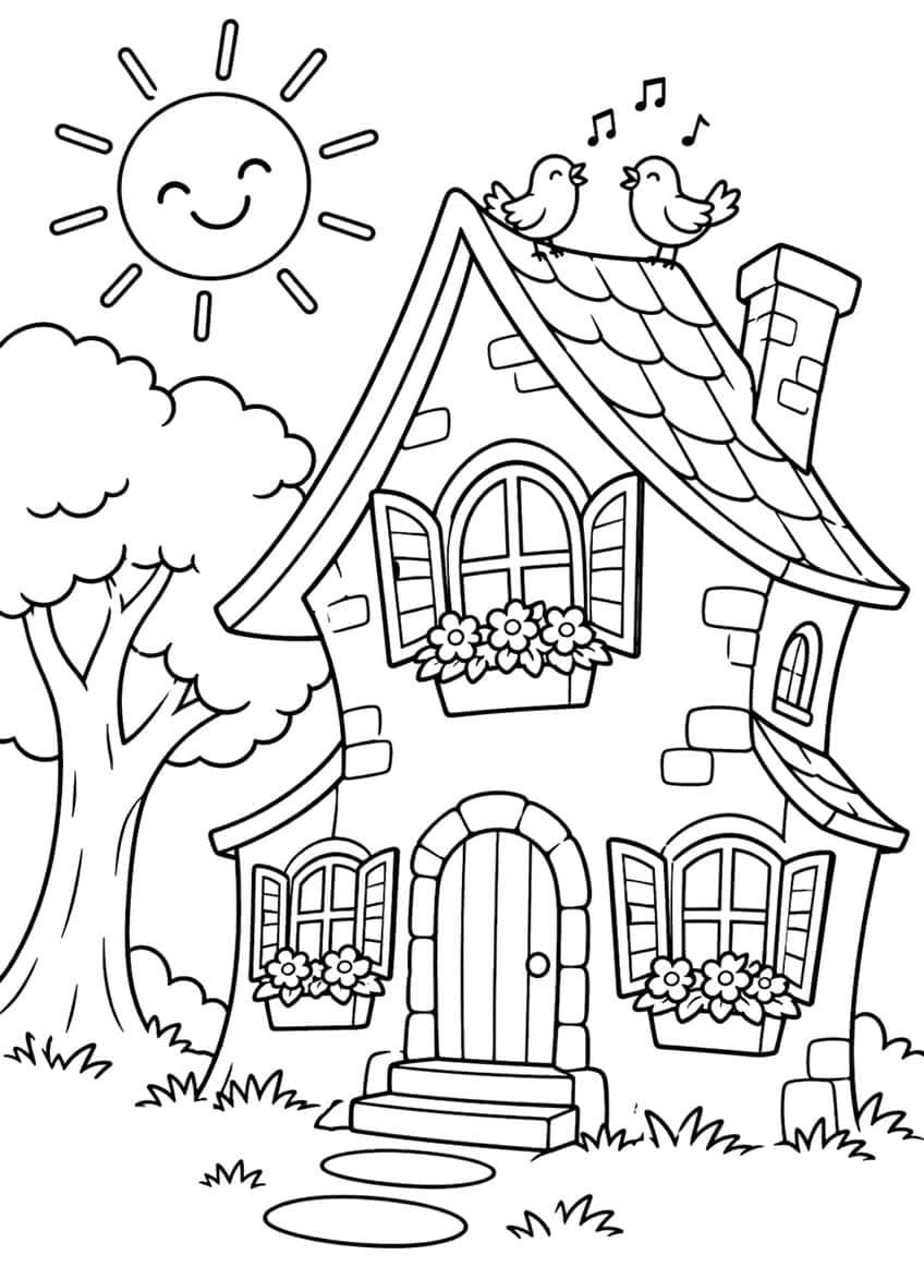 Crooked cottage with two singing birds, smiling sun, flower boxes, arched door, chimney and a large tree