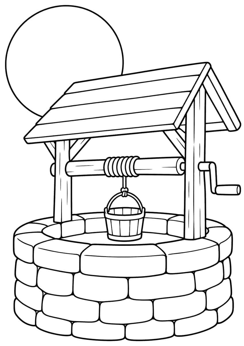 Stone well with plank roof, winch, crank, wooden bucket and large moon