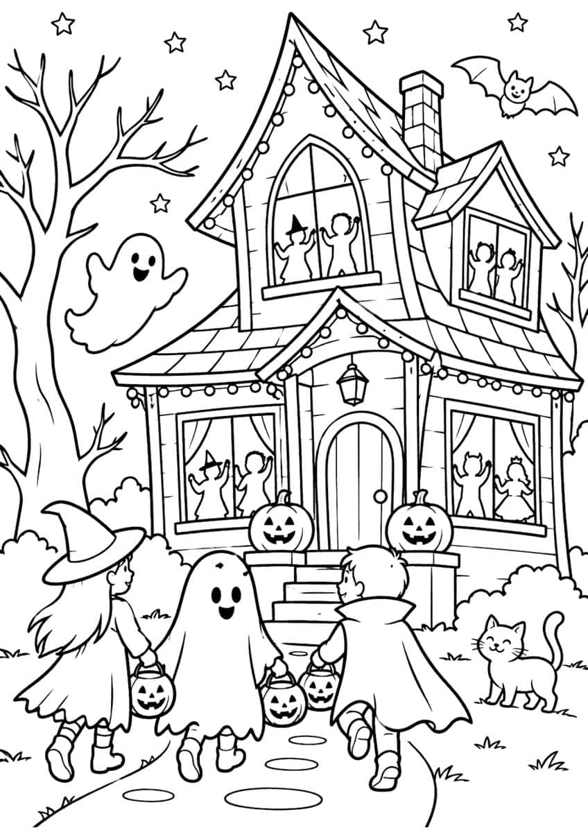 Witch, ghost and vampire children with pumpkin buckets walking to a lit haunted house with pumpkins, bat, ghost and cat