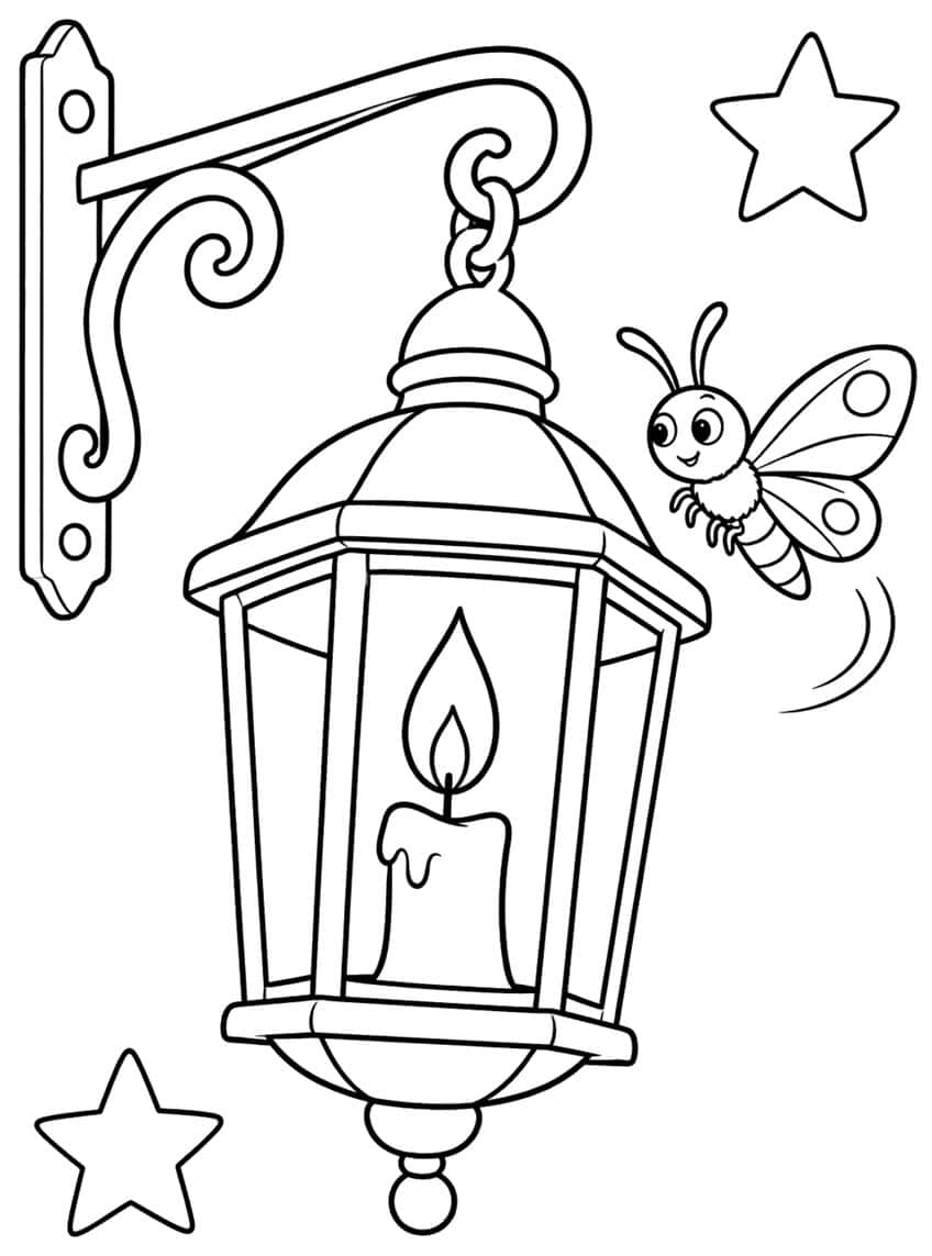 Hanging lantern with lit candle on a scrolled iron bracket, a smiling firefly and two stars