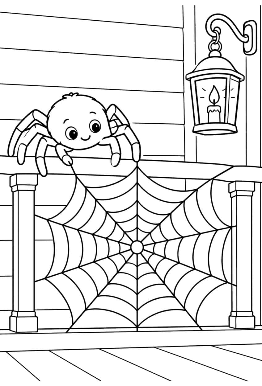 Smiling spider on a porch railing with a big web between two posts and a hanging candle lantern