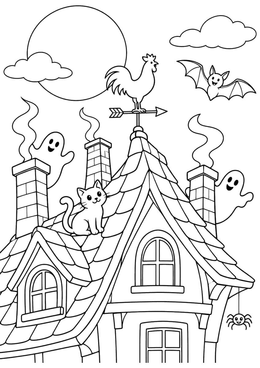 Haunted roof with rooster weathervane, brick chimneys, cat, two ghosts, bat, spider and moon