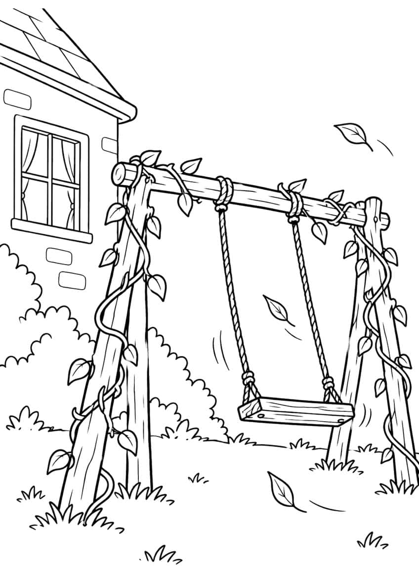 Wooden swing on a vine-covered frame beside a house window, with falling leaves, bushes and grass