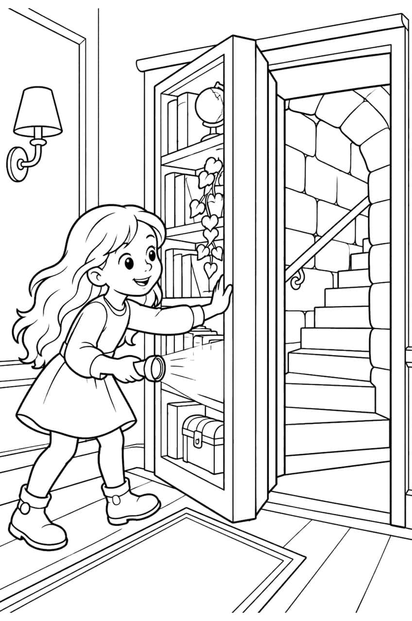Girl with a flashlight opening a bookcase door onto a stone staircase, with a wall lamp