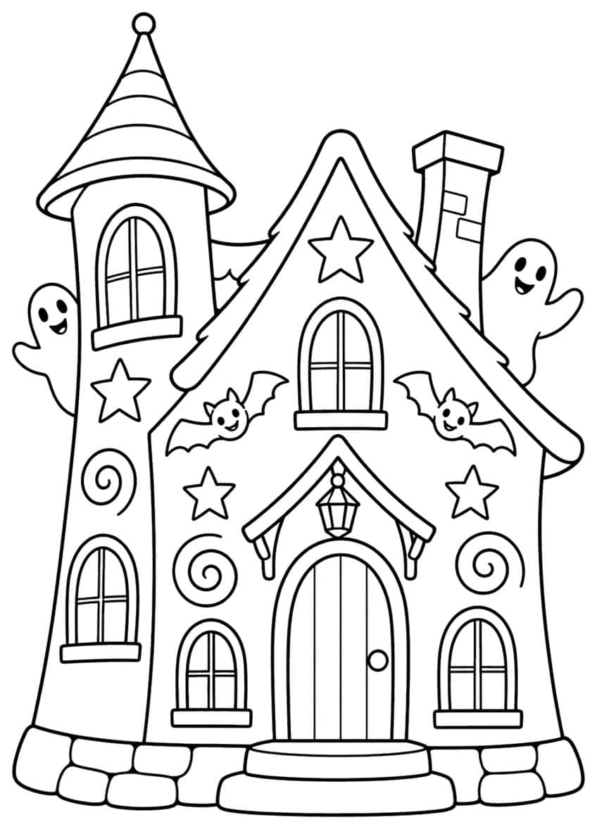 Haunted house with tower, chimney, two ghosts, two bats, stars, spirals and an arched door