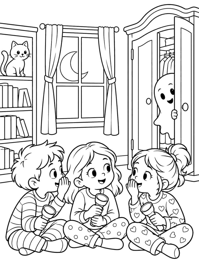 Three children in pajamas with flashlights, a ghost in a wardrobe, a cat on a bookshelf and a moonlit window
