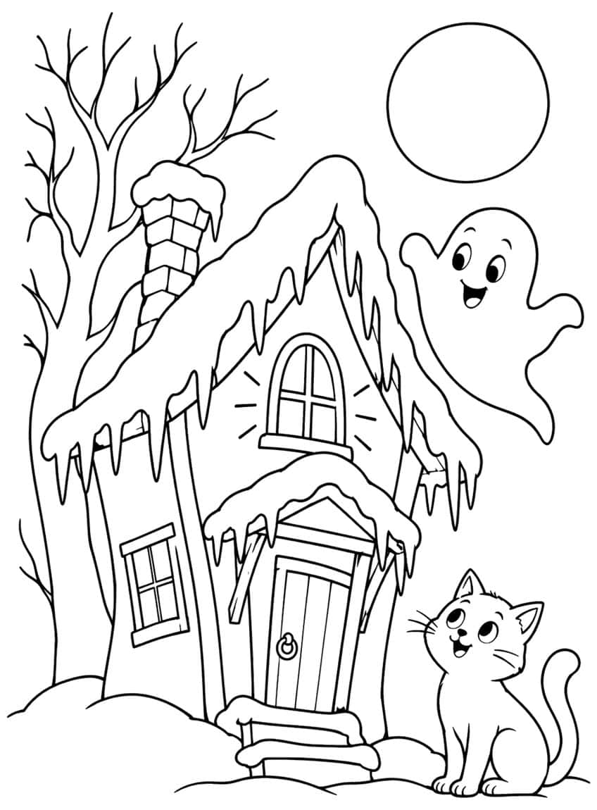Snowy crooked haunted cottage with icicles, bare tree, moon, smiling ghost and sitting kitten