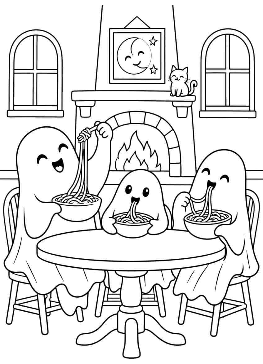 Three ghosts eating spaghetti at a round table in front of a fireplace, with a cat and arched windows