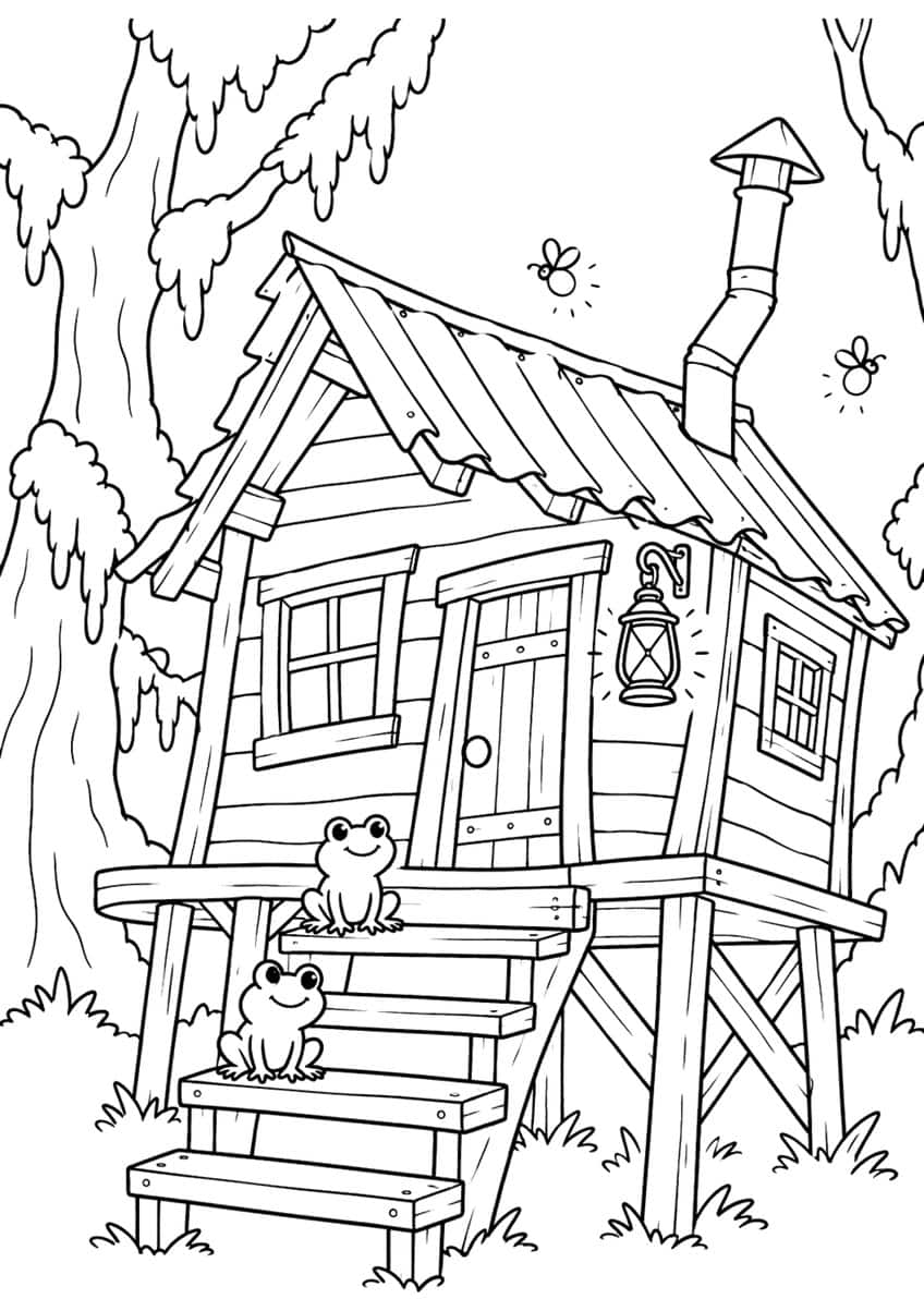Crooked stilt cabin with lantern, chimney, stairs, two frogs, fireflies and mossy trees