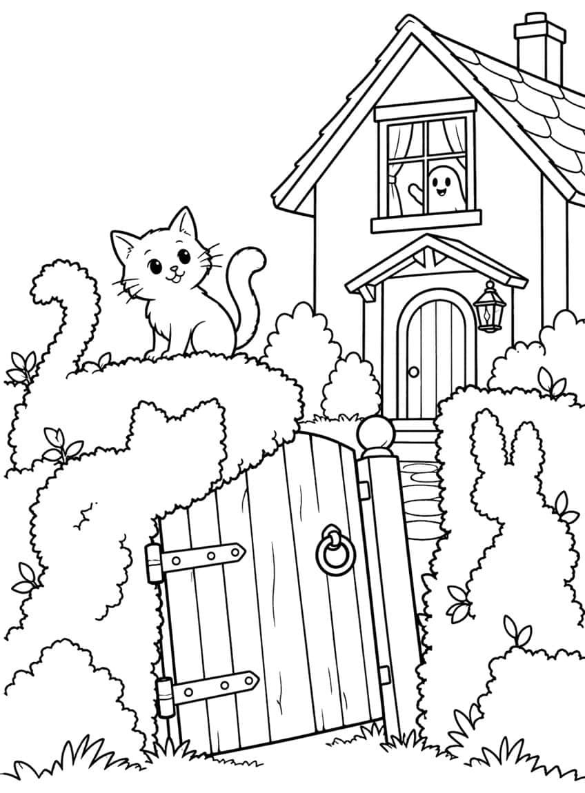 Kitten on a hedge beside a crooked wooden gate, with a cottage and a waving ghost in the window
