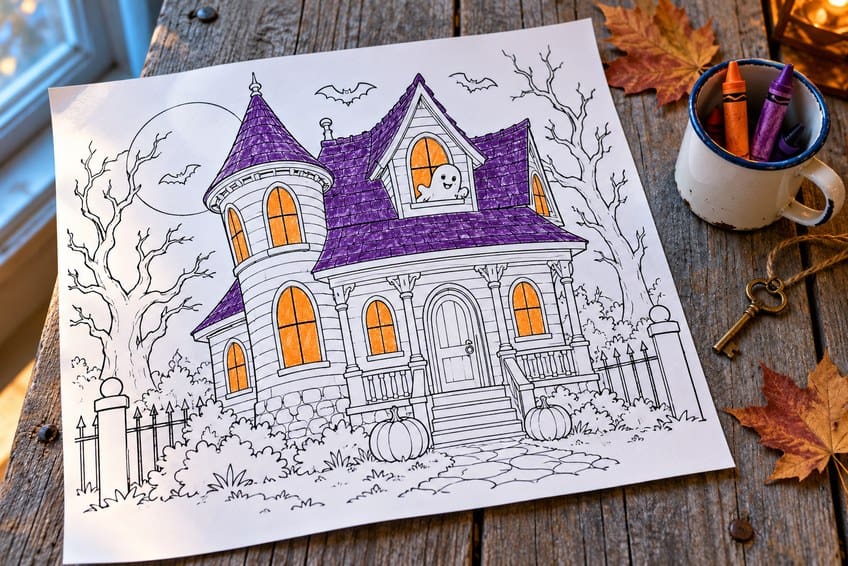 haunted house coloring page partly colored in with pencils
