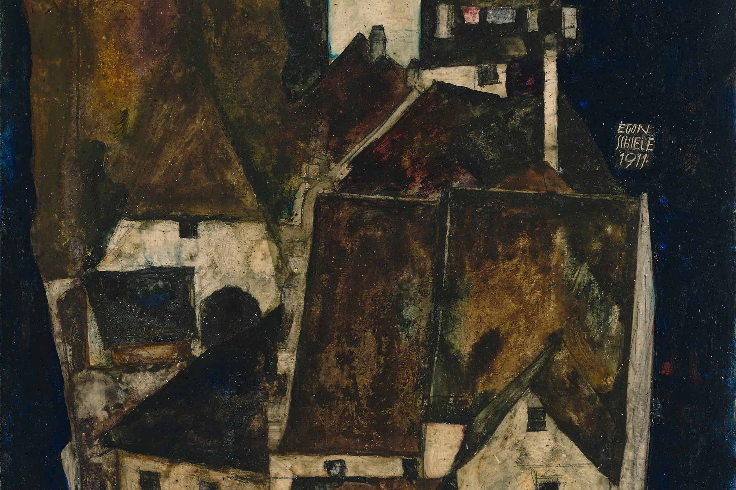 Egon Schiele’s Dead City III shows a dark cluster of buildings surrounded by deep blue and black forms.