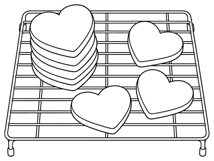 Coloring page with heart-shaped cookies stacked on a wire cooling rack