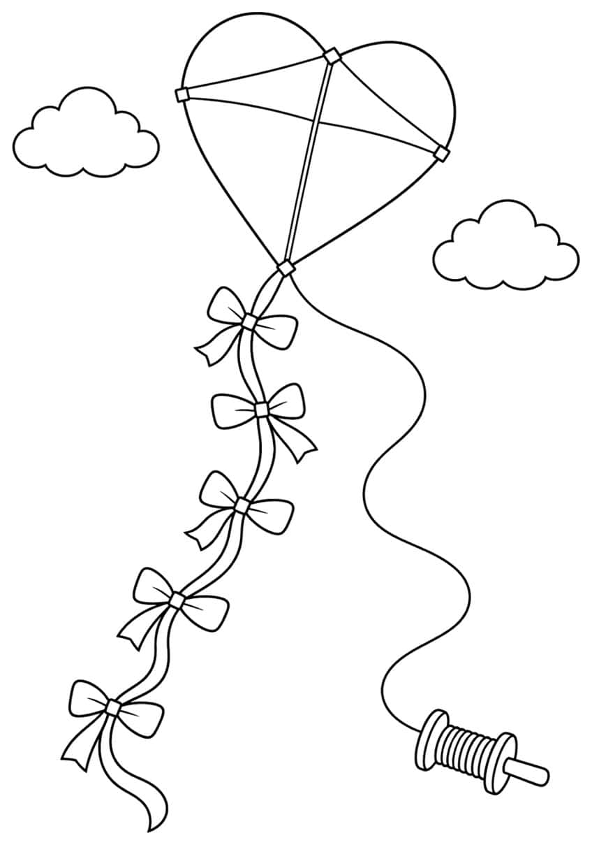 Heart-shaped kite coloring page with bow tail, clouds and string spool