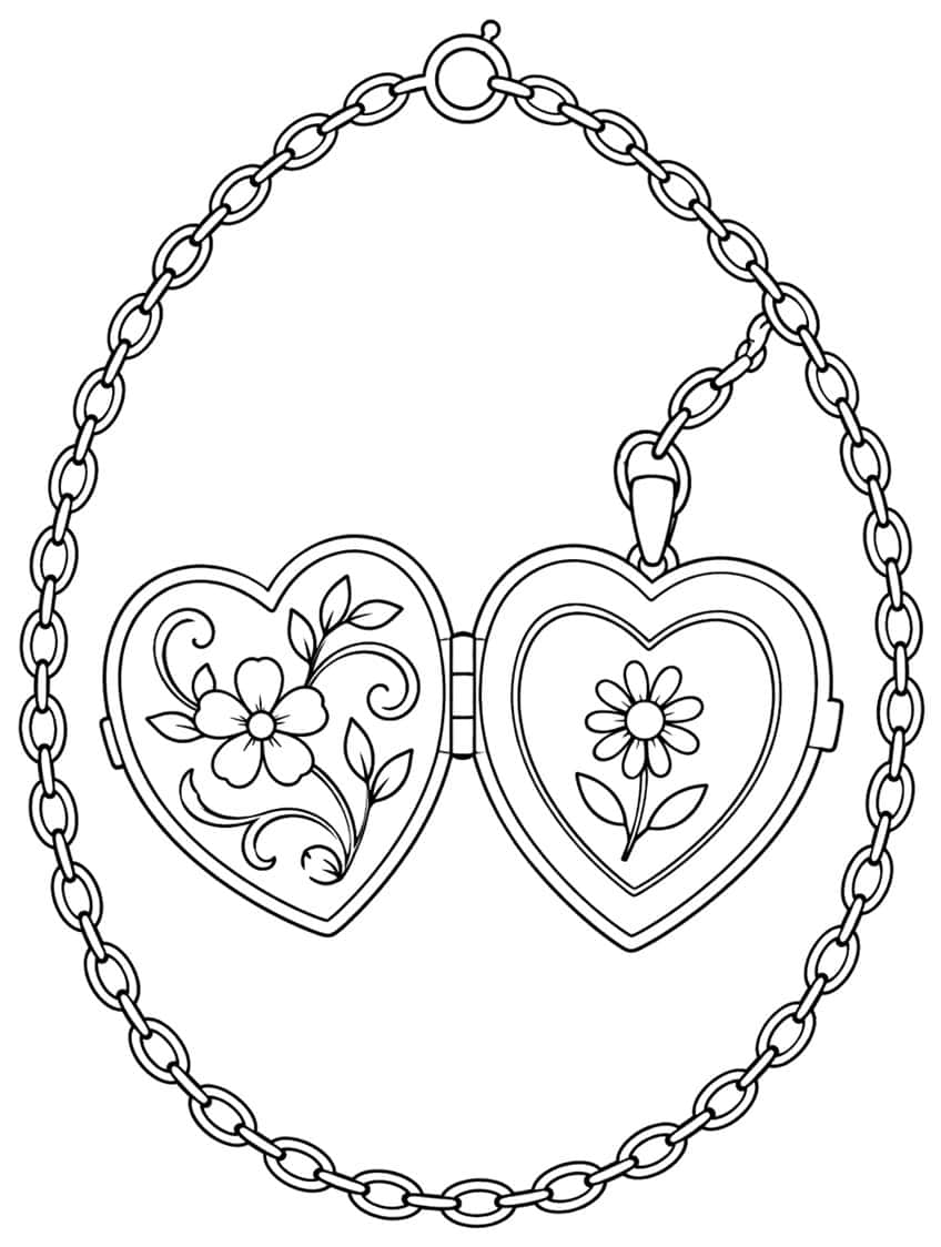 Coloring page of an open heart locket with flowers on a chain necklace