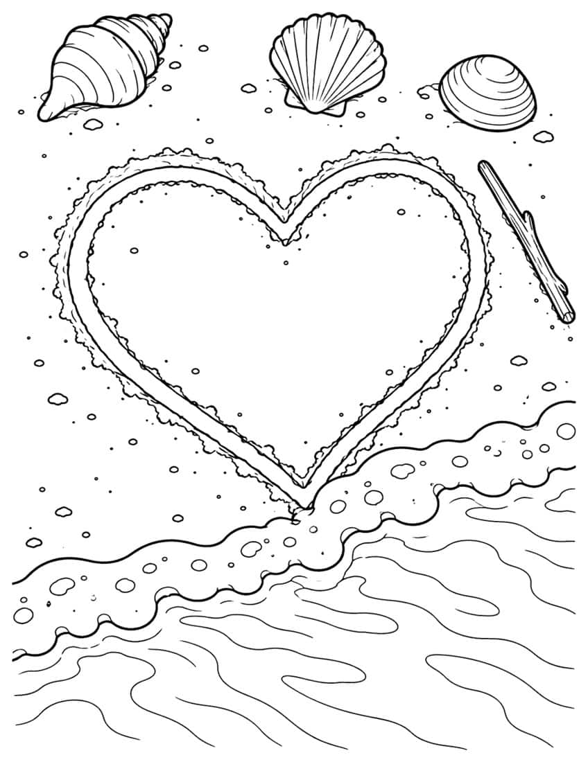 Heart drawn in sand with seashells, driftwood and an incoming wave