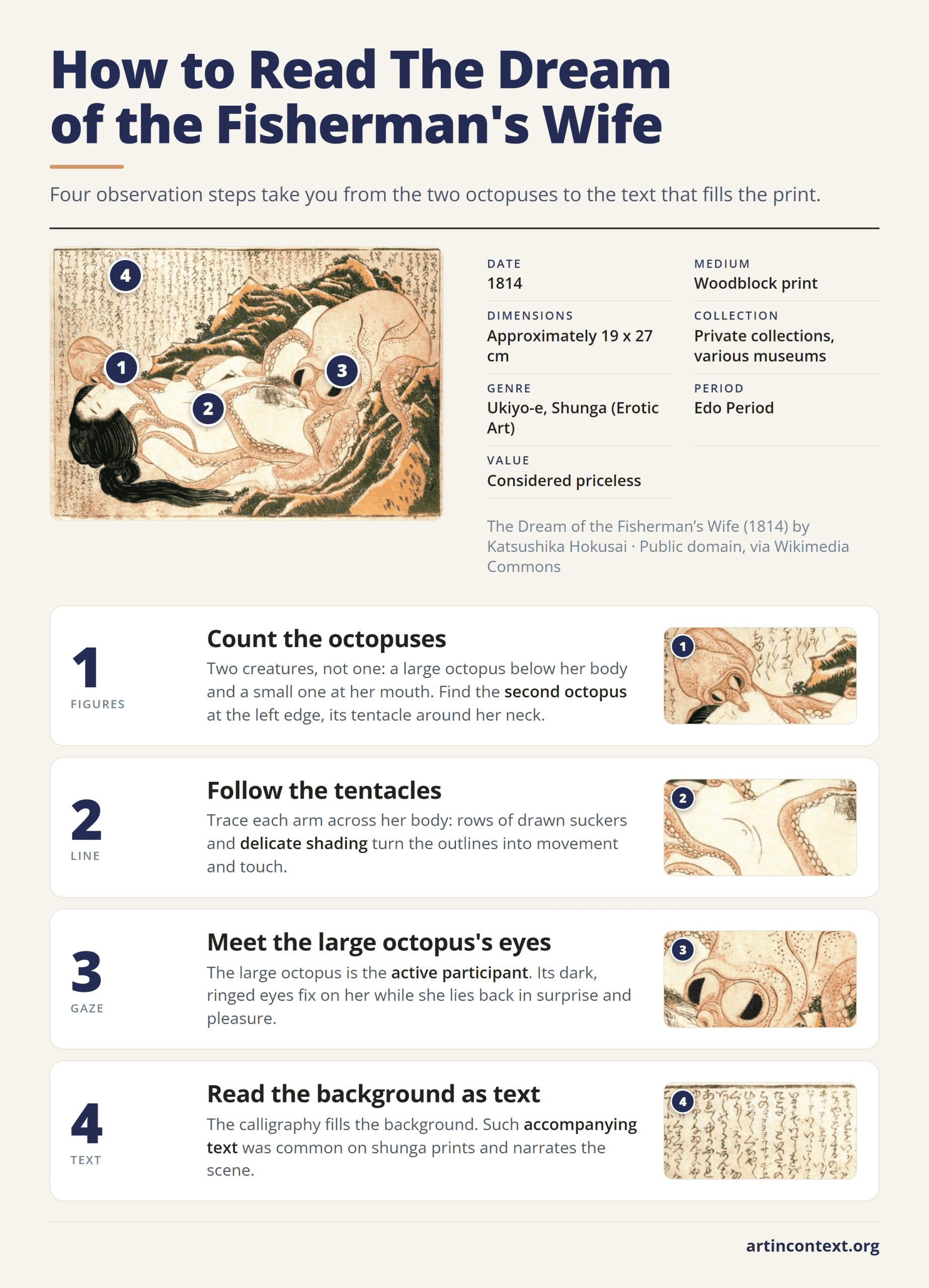 Infographic: four steps to read Hokusai's The Dream of the Fisherman's Wife, from the two octopuses to the text on the print