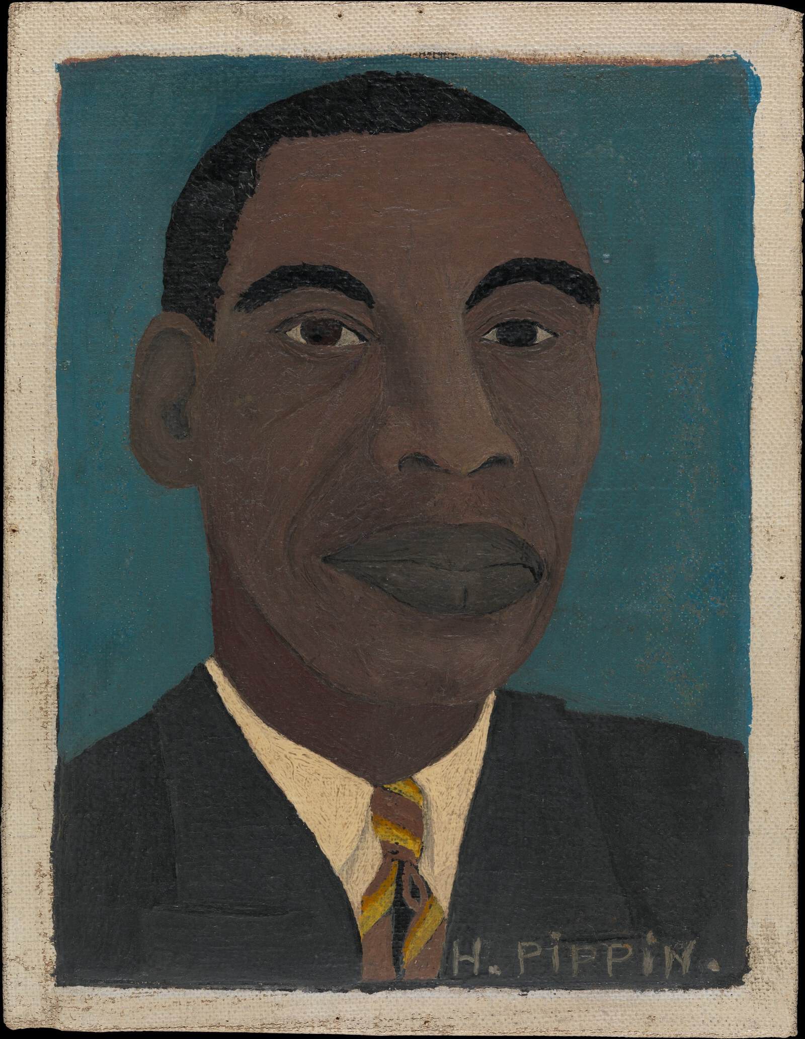Horace Pippin faces the viewer in Self-Portrait II (1944), a small oil painting on canvas mounted to cardboard.