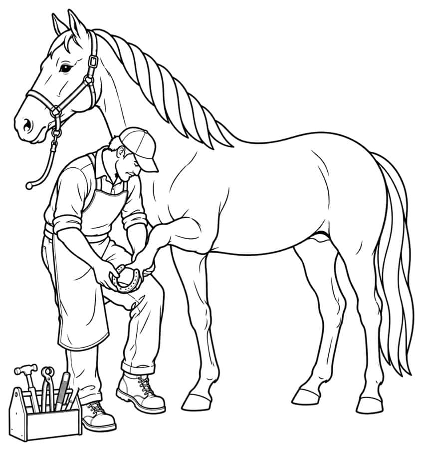Coloring page of a farrier fitting a horseshoe to a standing horse