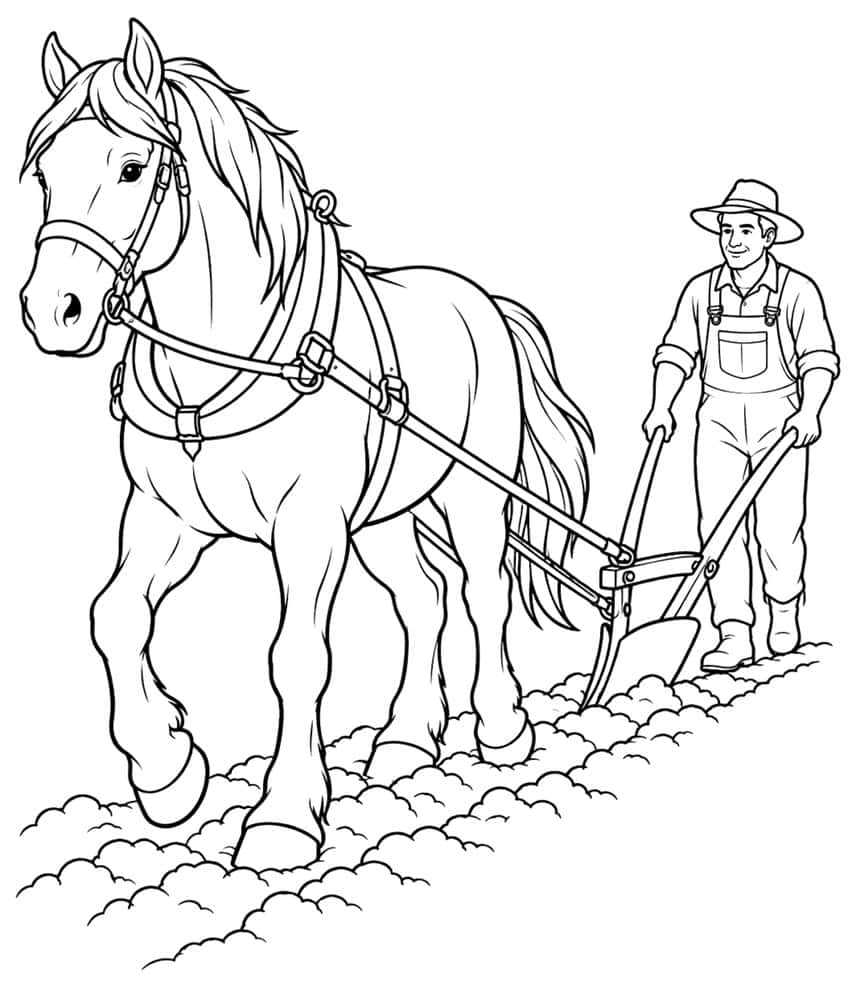 Coloring page of a draft horse pulling a plough with a farmer behind it