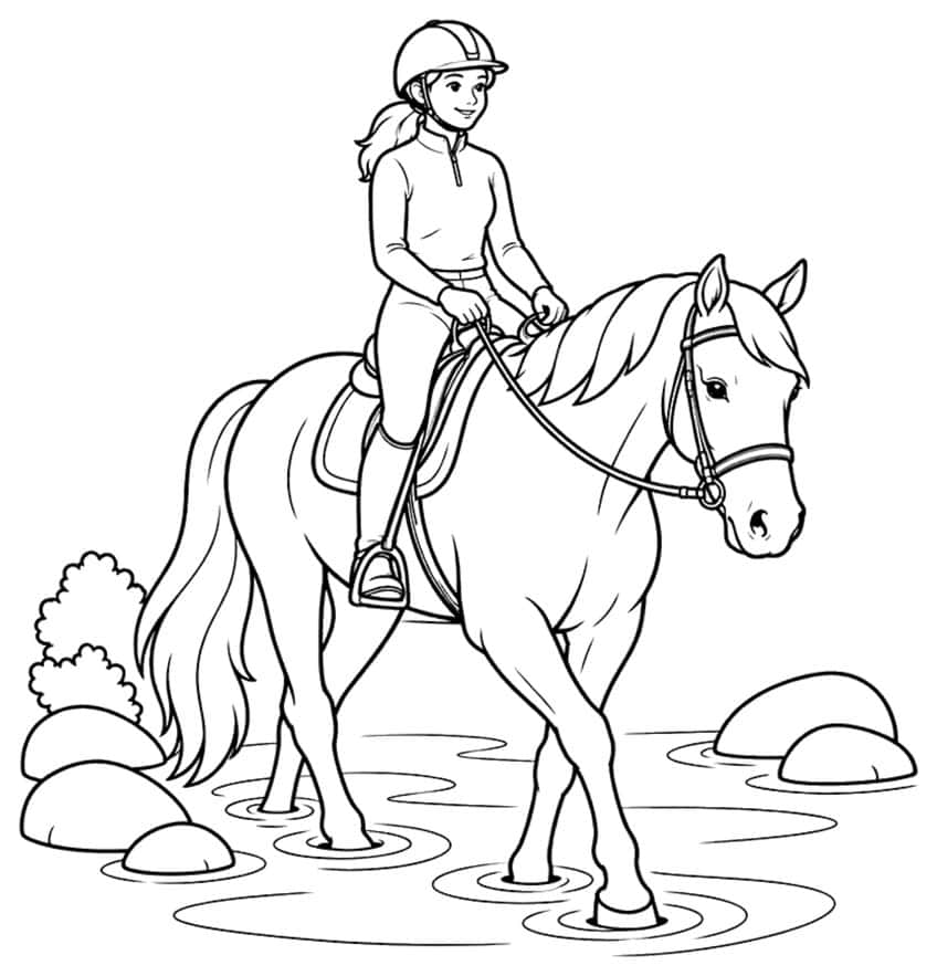 Coloring page of a girl riding a horse through a shallow stream