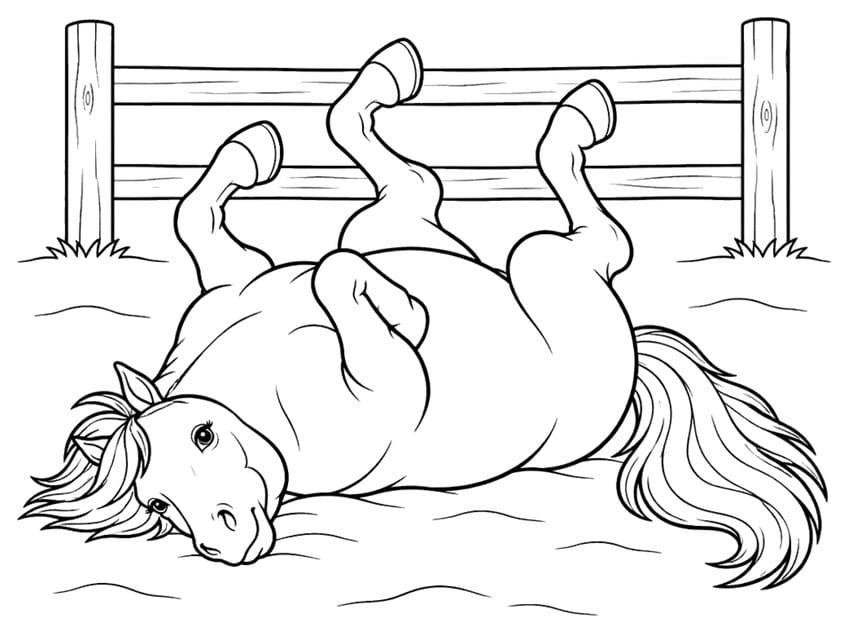 Coloring page of a horse rolling on its back in front of a wooden fence