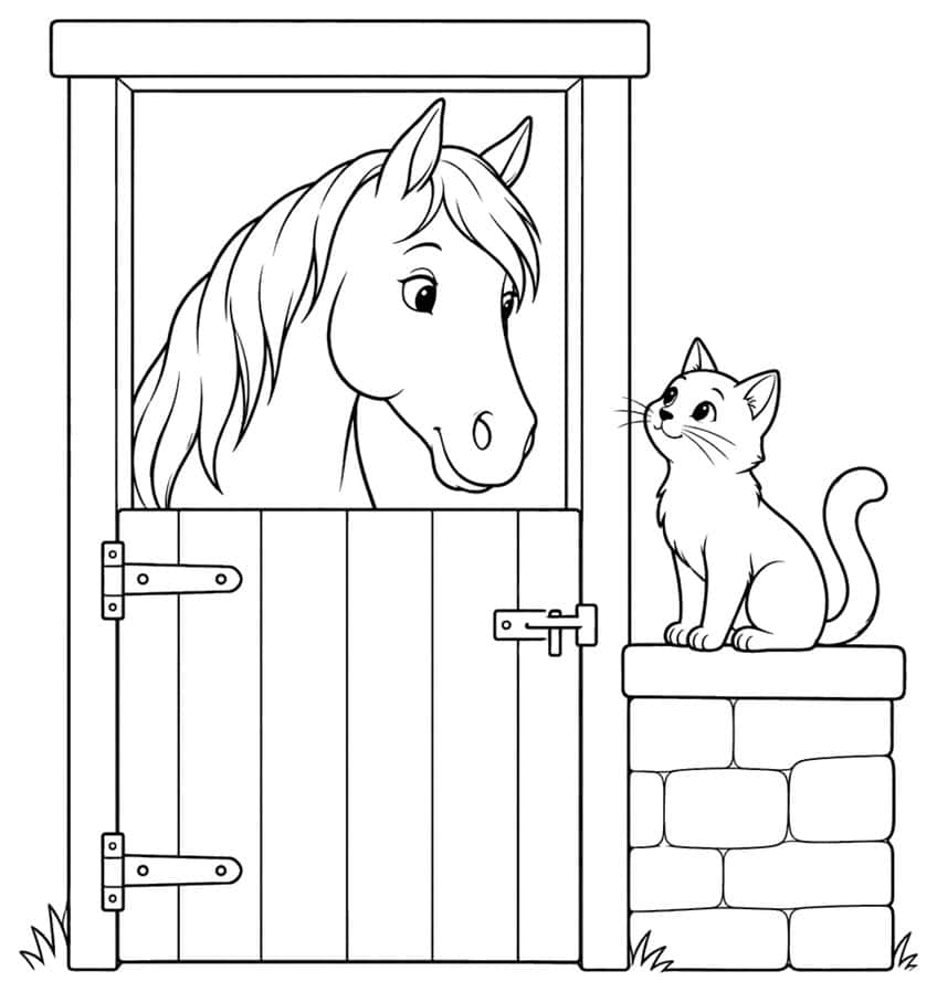 Coloring page of a horse in a stable door and a cat on a stone wall