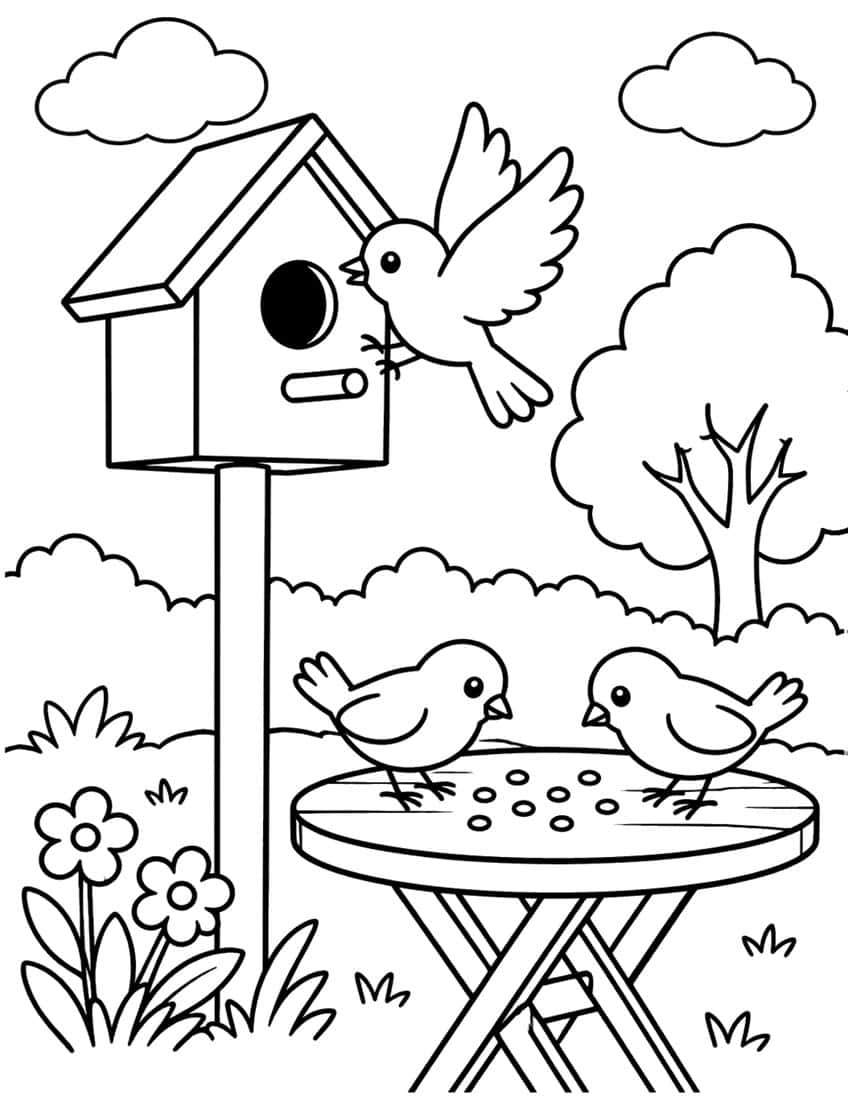 Birdhouse on a post with a flying bird and two birds on a seed table