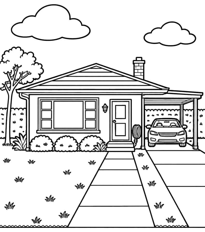 Bungalow house with carport, parked car, chimney, tree and front path