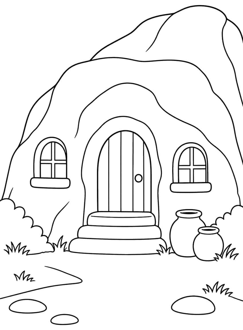 Cave dwelling with arched door, two windows, clay pots and stepping stone path
