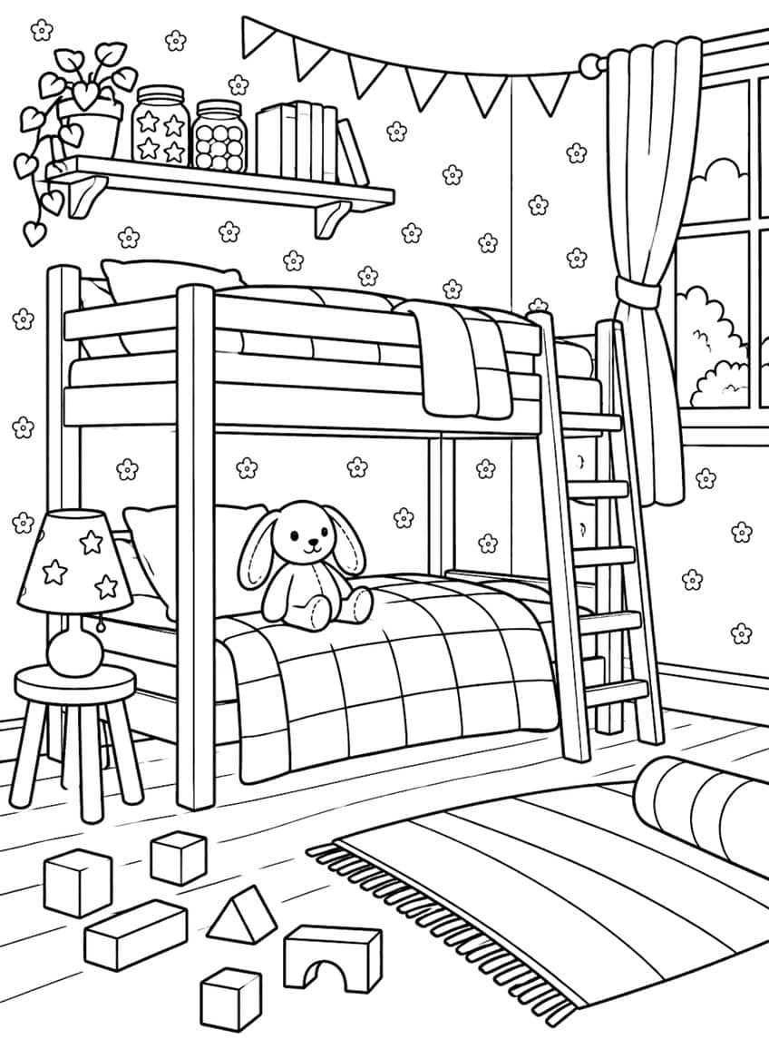 Bunk bed with plush bunny, ladder, shelf, curtain, and toy blocks