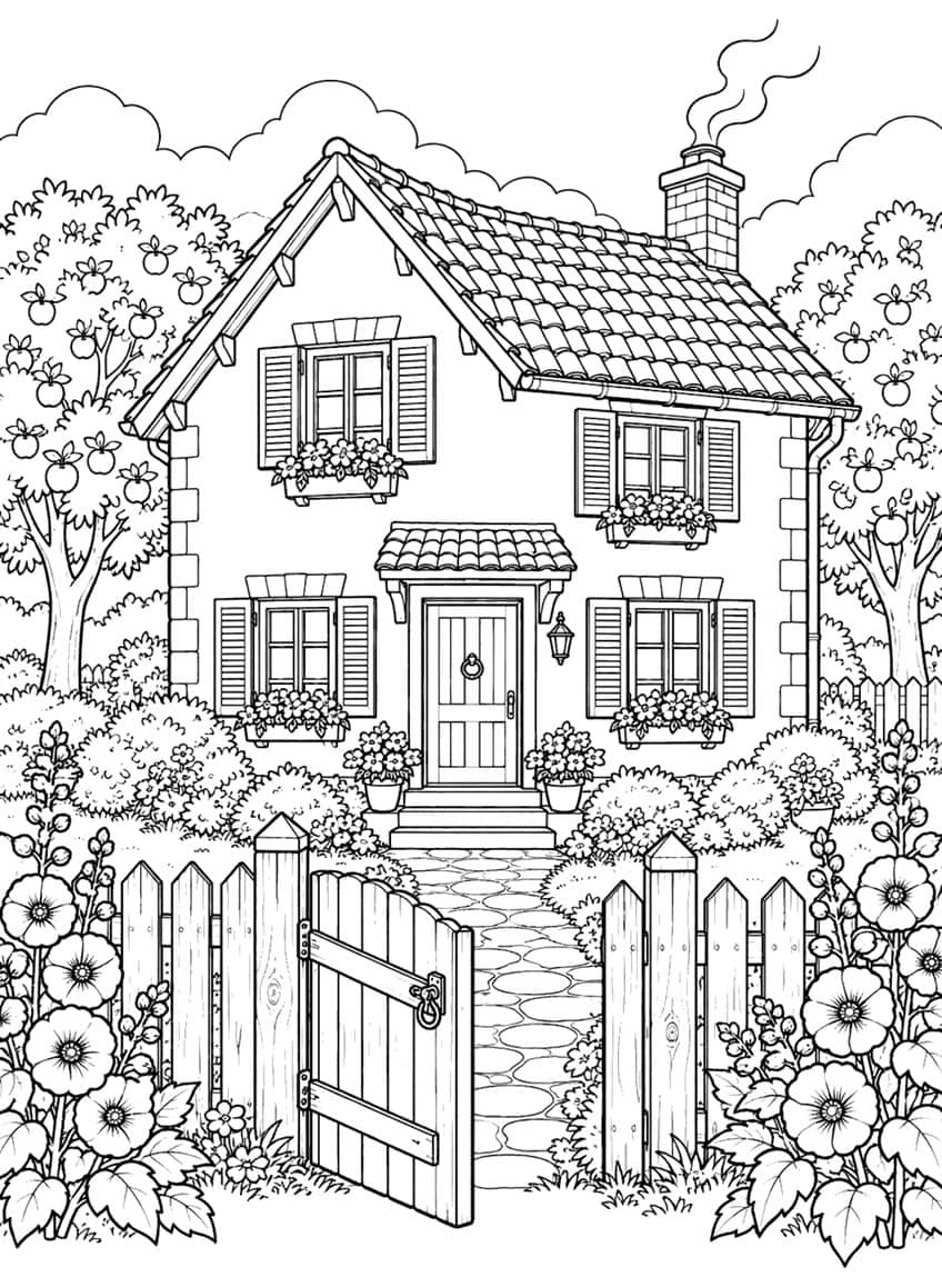 Cottage house with chimney smoke, apple trees, flower boxes, and an open garden gate