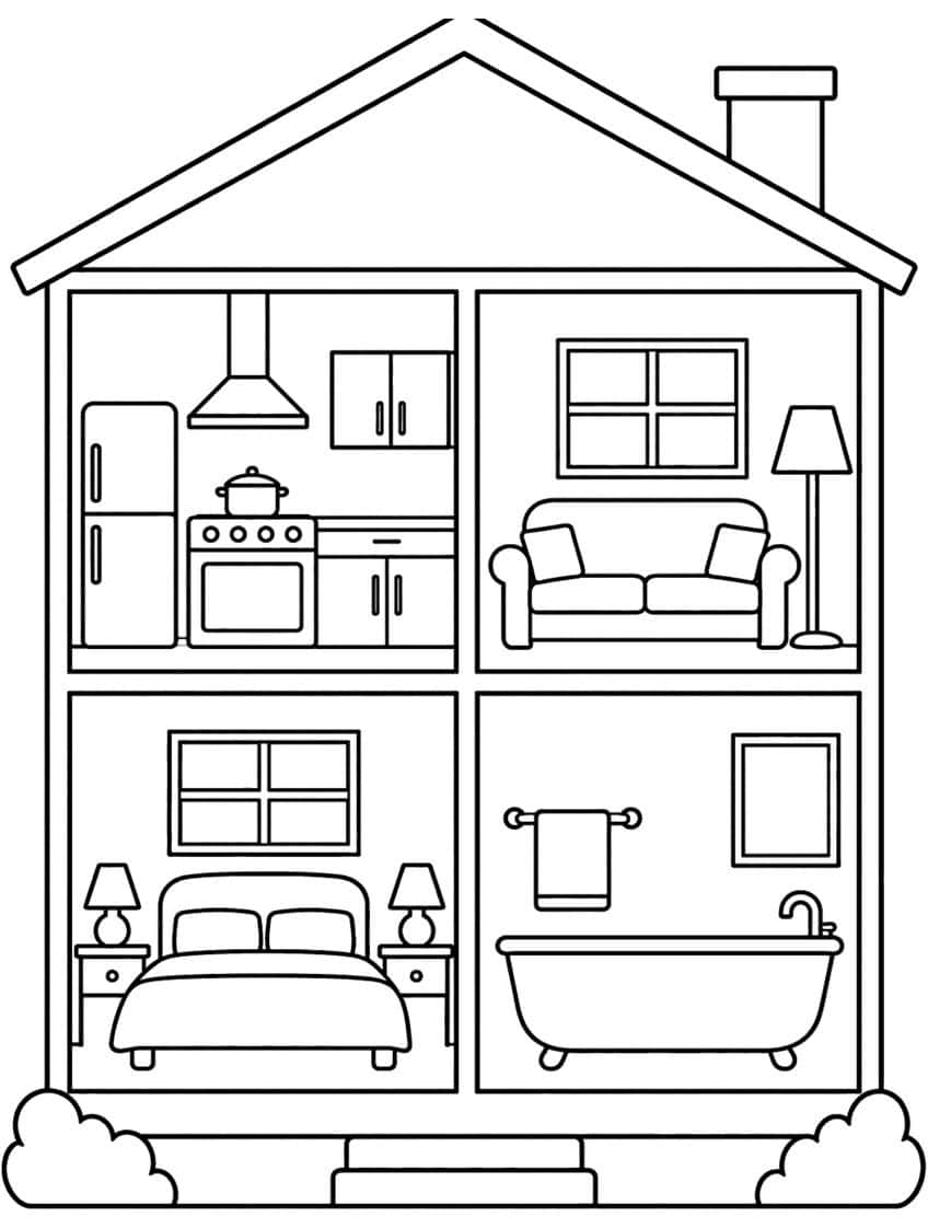 Cutaway house coloring page with kitchen, living room, bedroom and bathroom