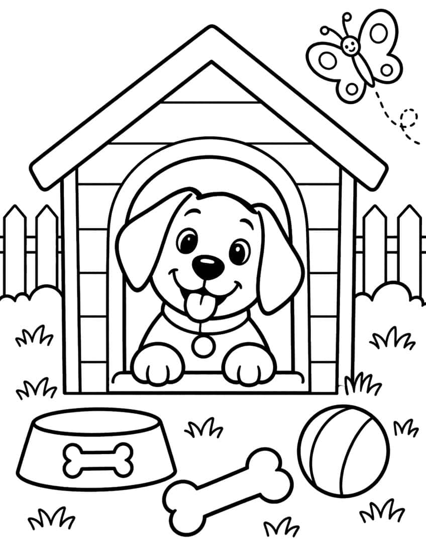 Cartoon puppy in doghouse with food bowl, bone, ball, fence and butterfly