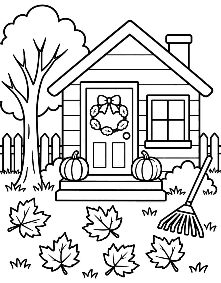 House door with leaf wreath, two pumpkins, rake, and maple leaves