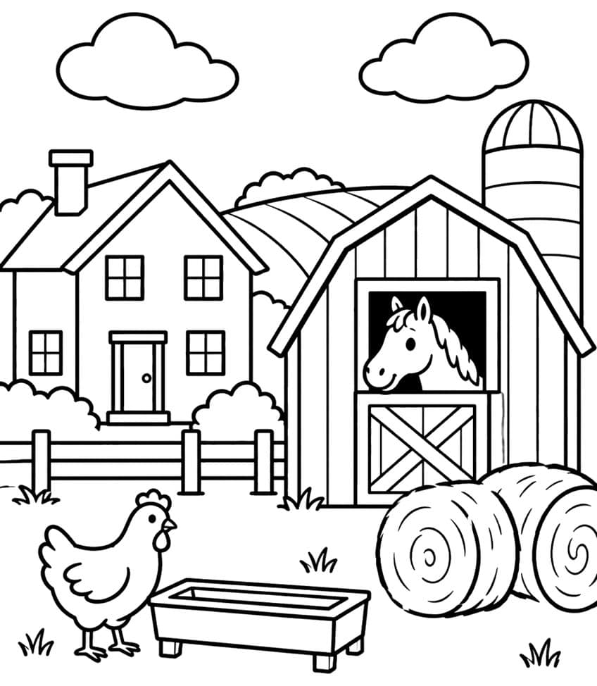 Farmhouse, barn with horse, silo, hay bales, hen, and picket fence