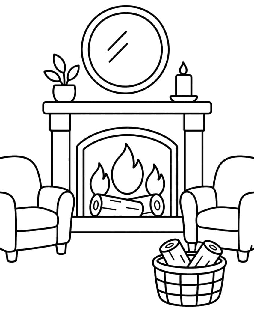 Fireplace with fire, two armchairs, mirror, plant, candle, and log basket