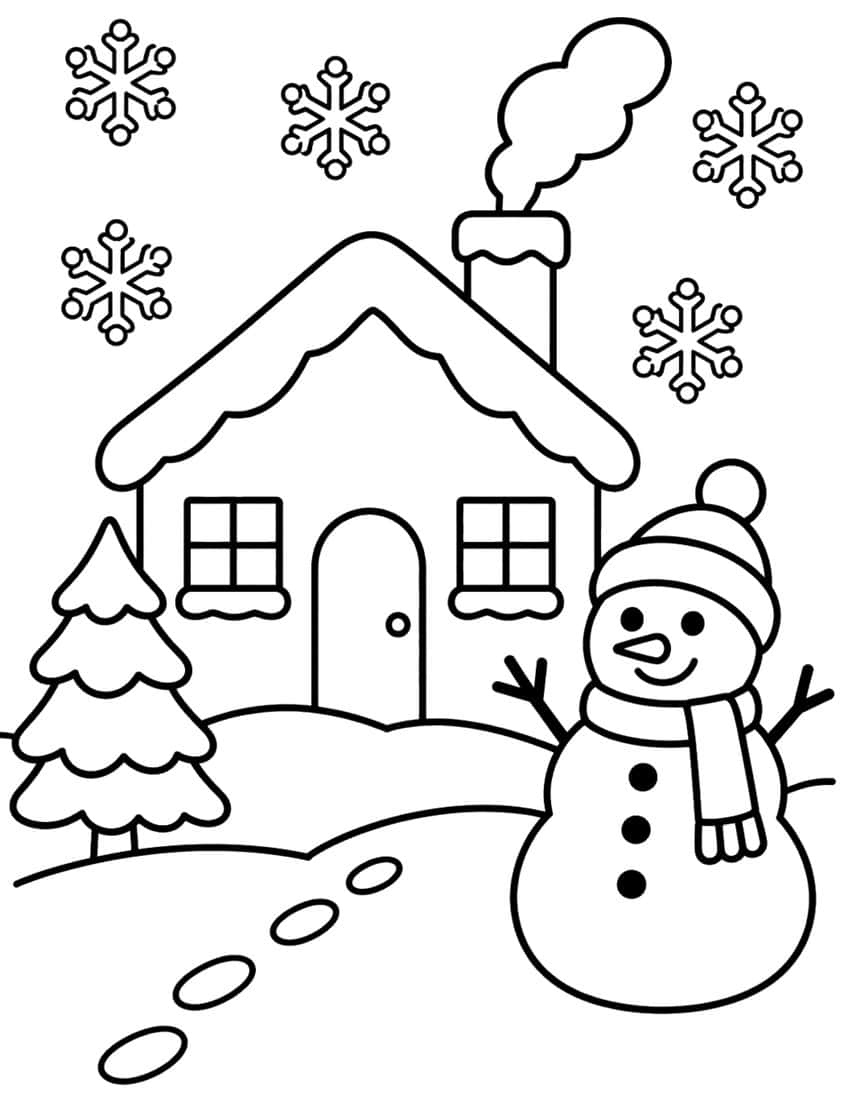 Snowy house, pine tree, snowman with hat and scarf, snowflakes, footprints