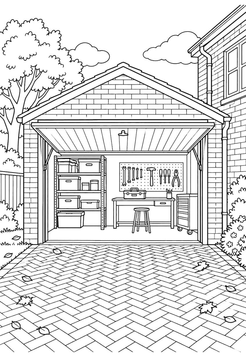 Open garage with tool pegboard, storage shelves, workbench and herringbone driveway