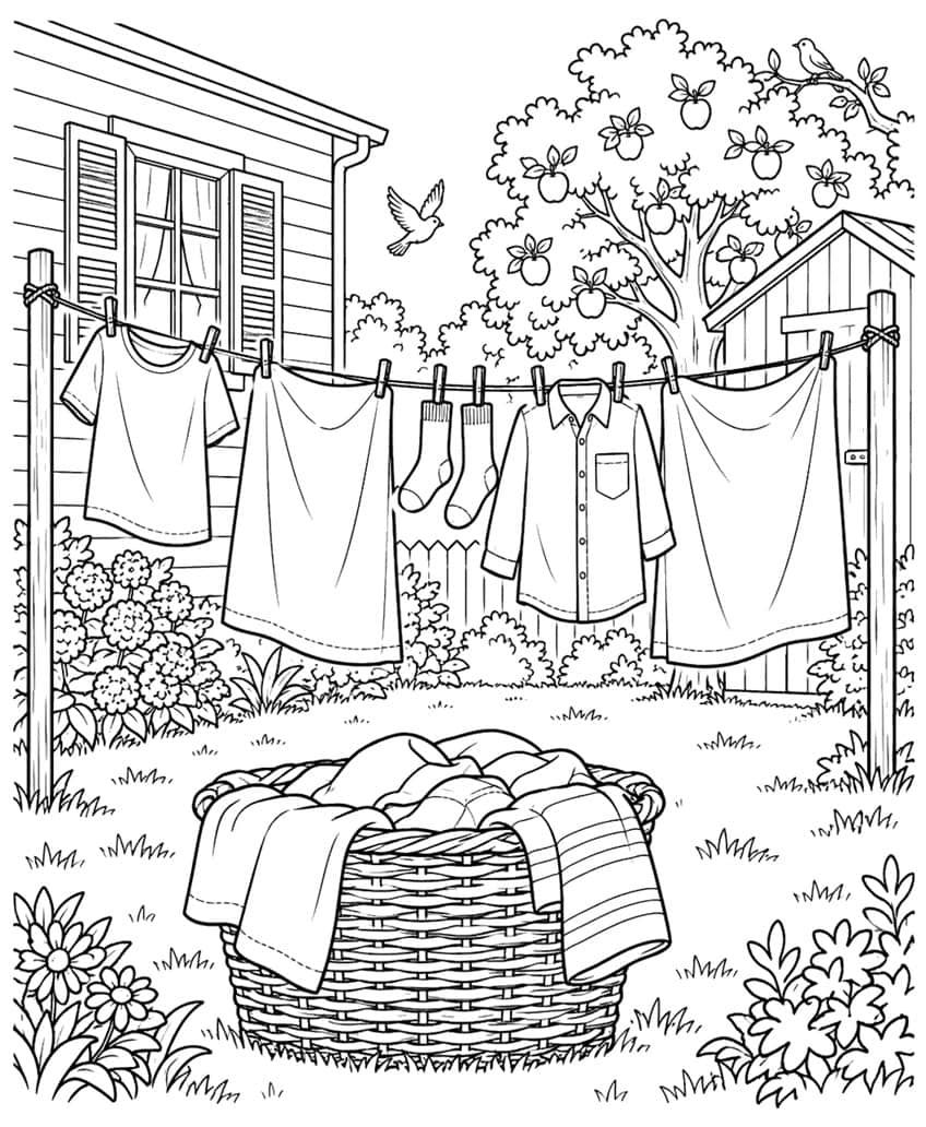 Clothesline with shirts and socks, apple tree, birds, and a laundry basket
