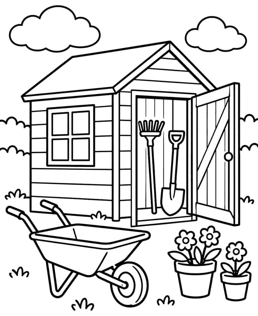 Open garden shed with tools, wheelbarrow, flower pots, and clouds