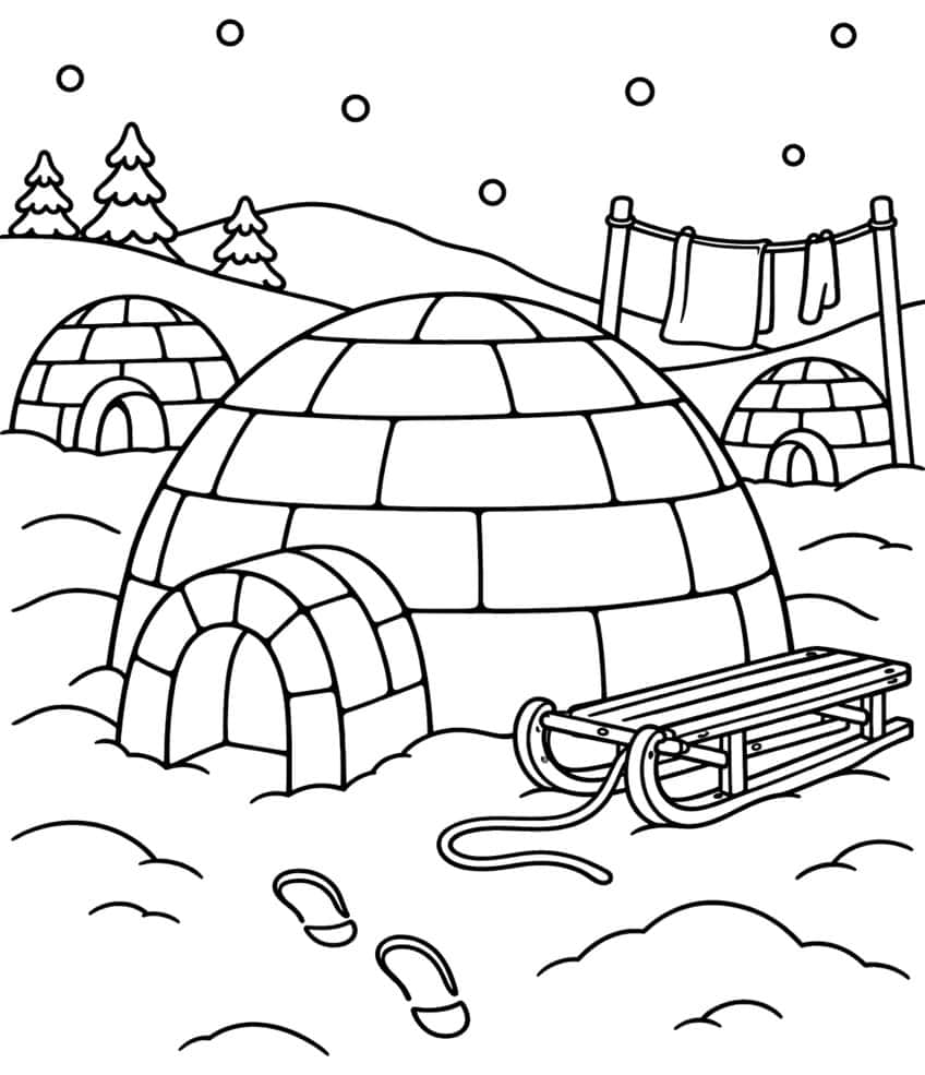 Three igloos, a wooden sled, laundry line, pine trees and footprints in snow