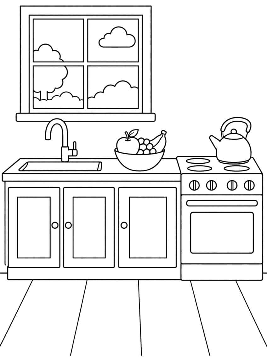 Coloring page of a kitchen with sink, window, fruit bowl, and stove with teapot