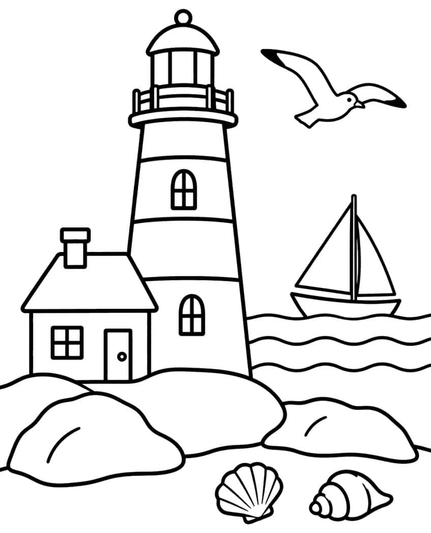 Lighthouse, small cottage, sailboat, seagull, rocks and shells coloring page