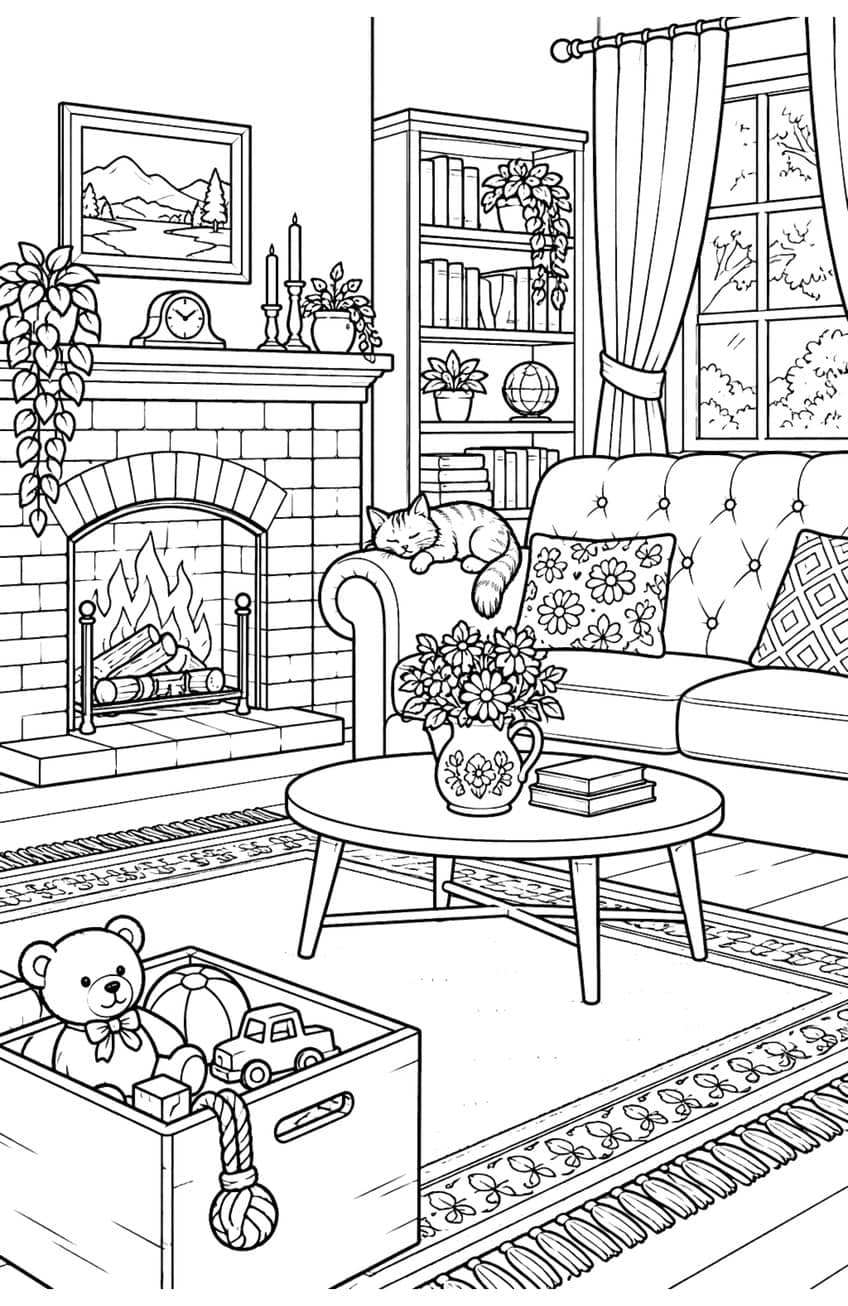 Living room with fireplace, sofa, bookshelf, sleeping cat, and toy box