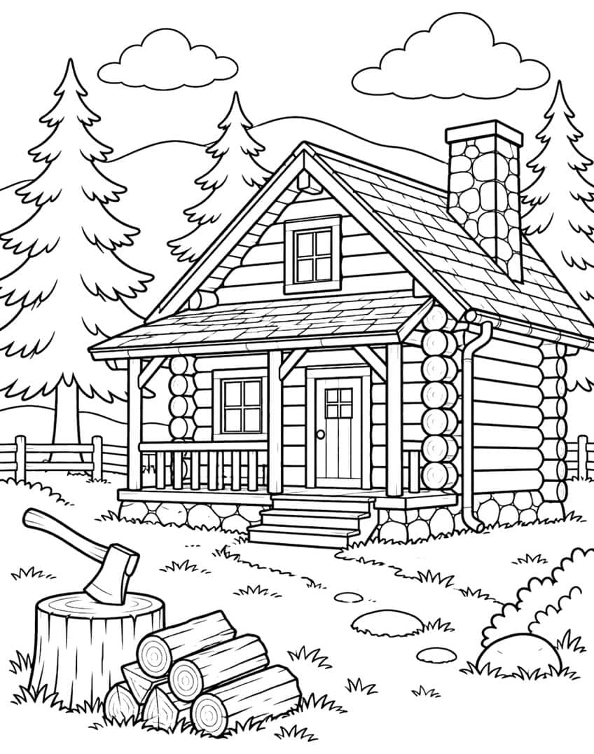 Log cabin coloring page with chimney, porch, pine trees, axe and log stump