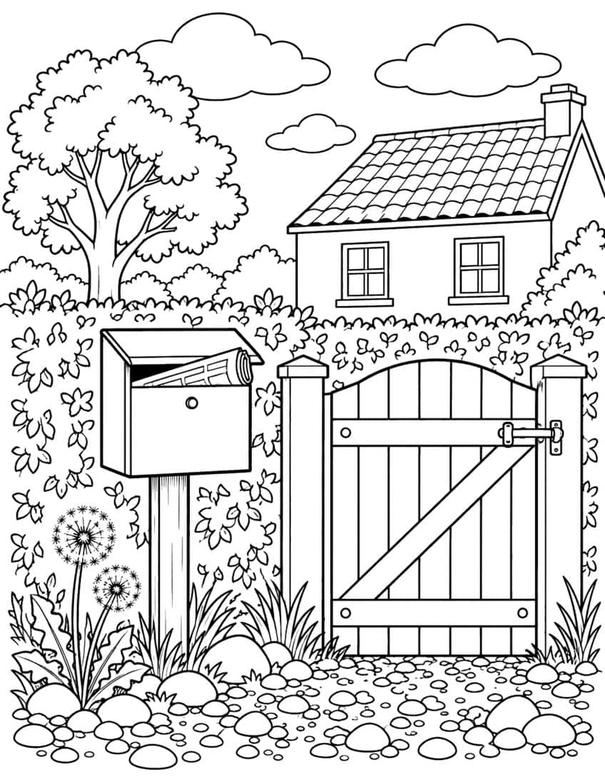 Mailbox with newspaper, wooden gate, cottage with tiled roof, dandelions and pebbles