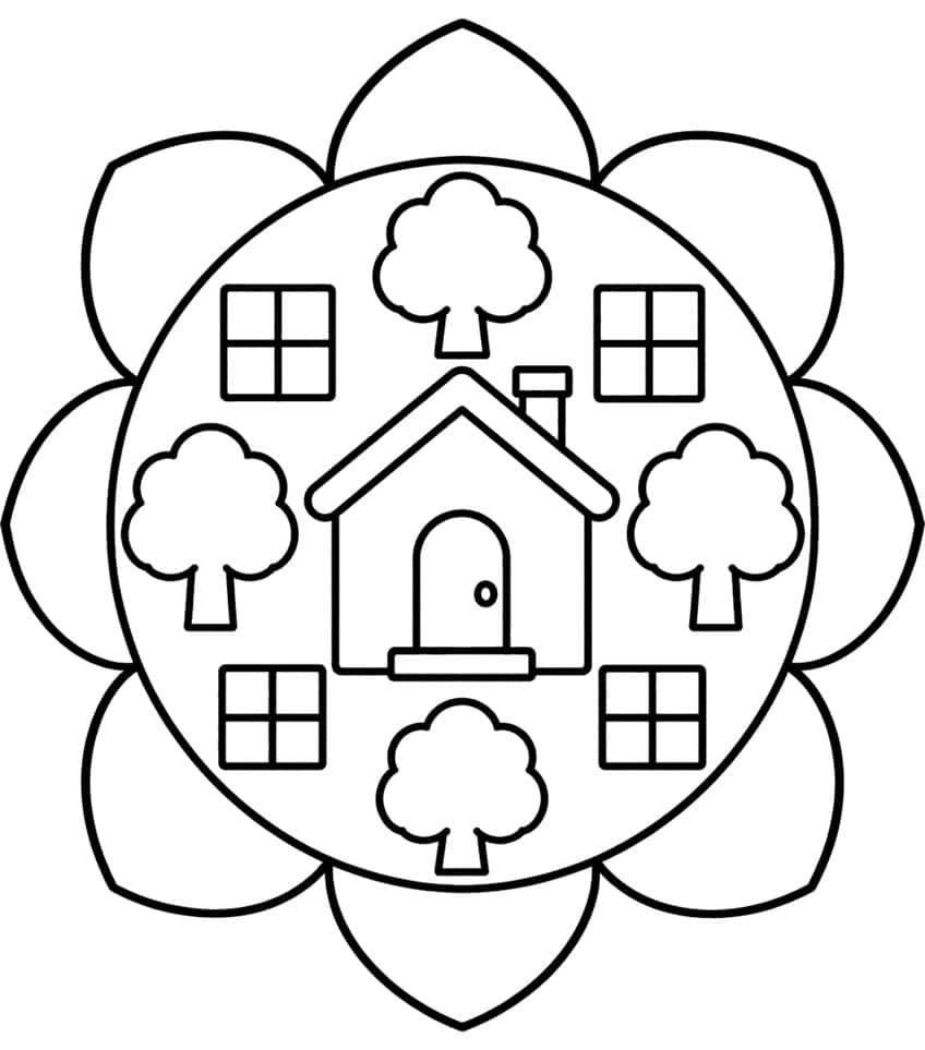 House with chimney inside a flower-petal mandala with four trees and four windows