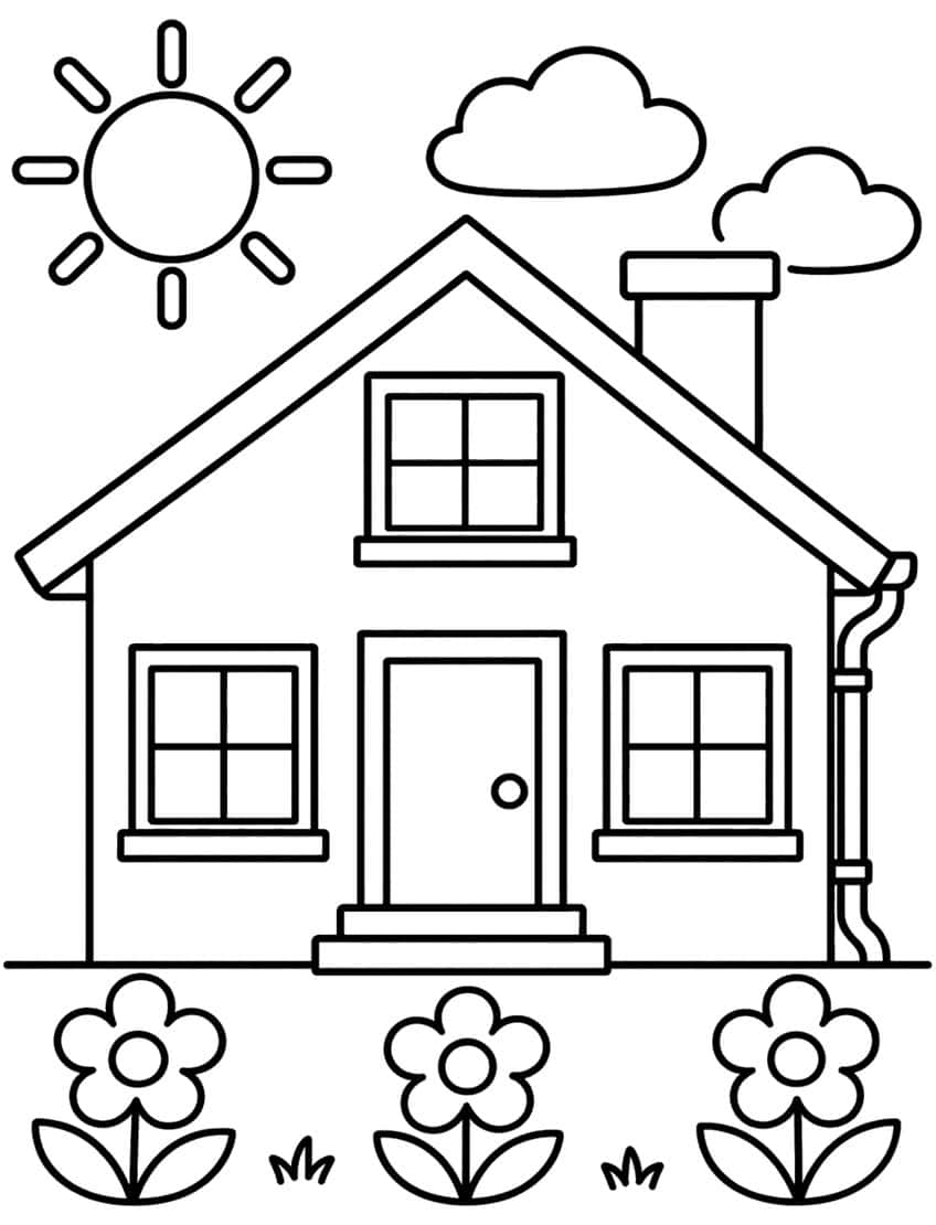 Simple house with chimney, sun, clouds and three flowers in the yard