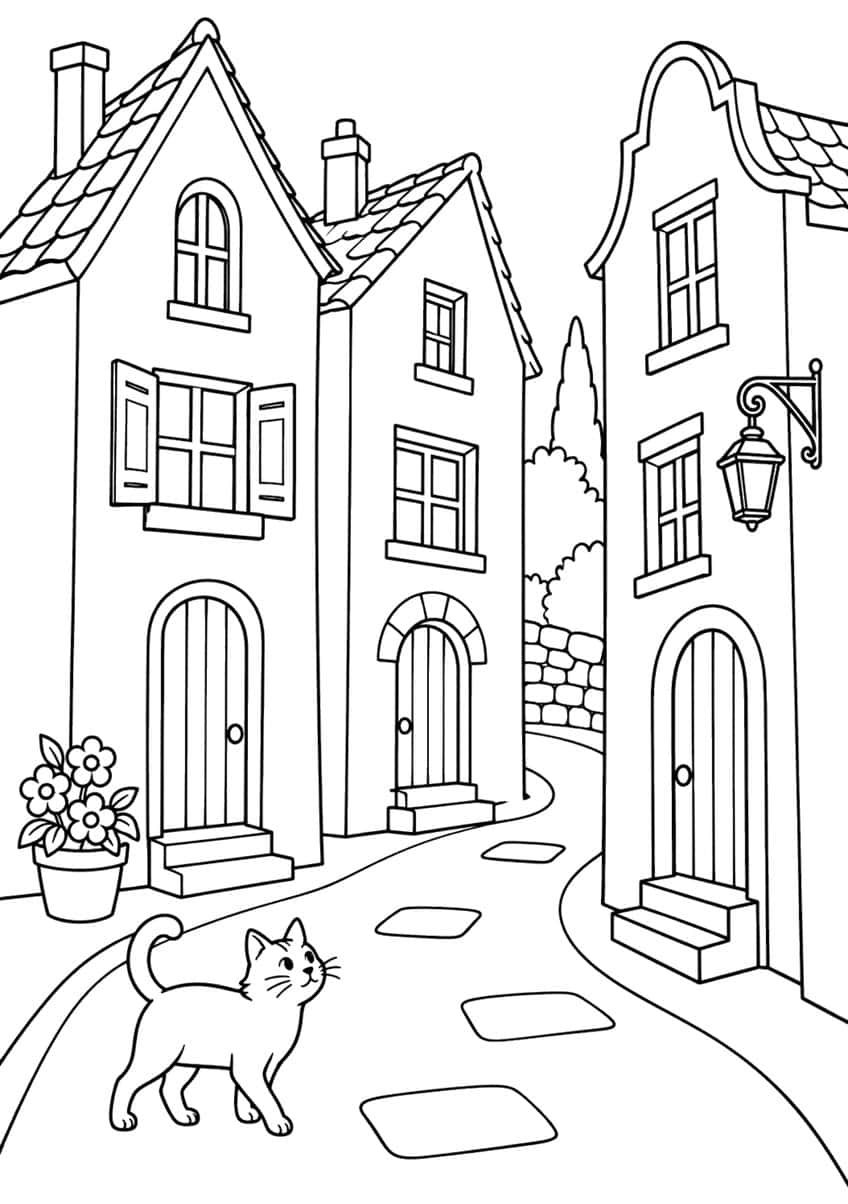 Row of townhouses on a curving lane with a walking cat and potted flowers